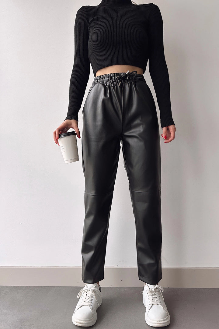 Black High Waist Elastic Comfortable Fit Patched Faux Leather Jogger Pants BC231025 - Évreux