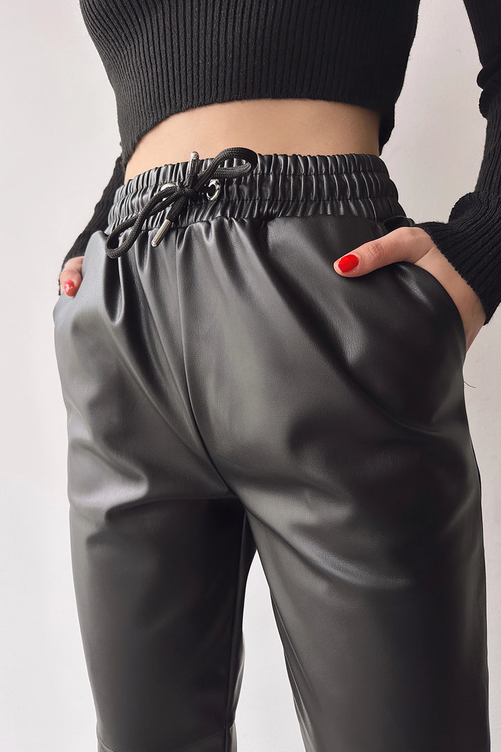 Black High Waist Elastic Comfortable Fit Patched Faux Leather Jogger Pants BC231025 - Évreux