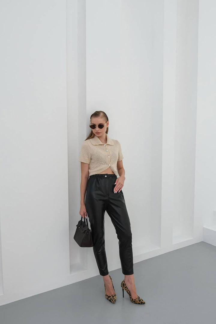 Black High Waist Elastic Faux Leather Pants BCHN-25W26637 - Skokie