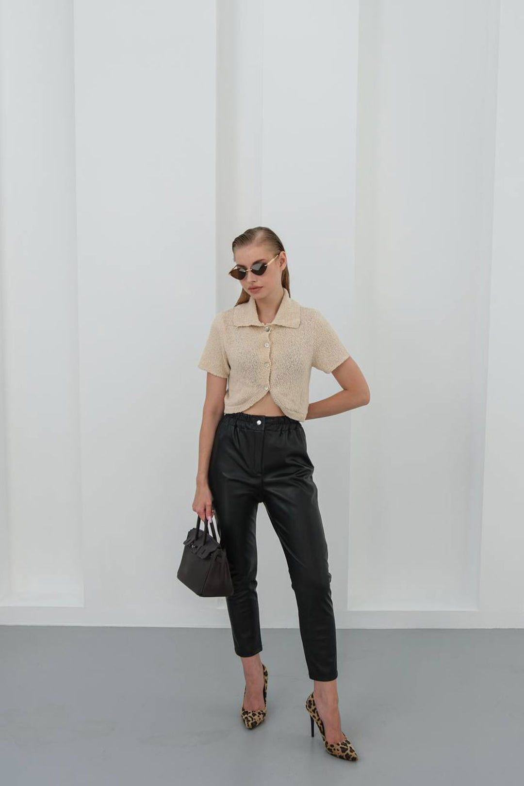 Black High Waist Elastic Faux Leather Pants BCHN-25W26637 - Skokie