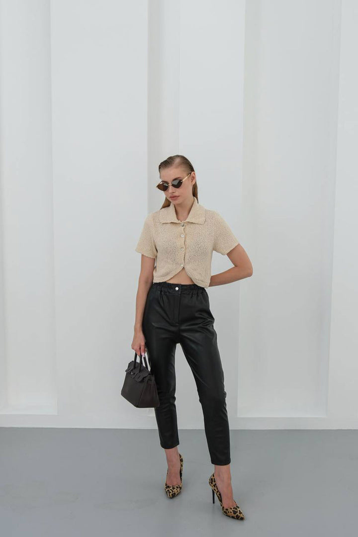 Black High Waist Elastic Faux Leather Pants BCHN-25W26637 - Skokie