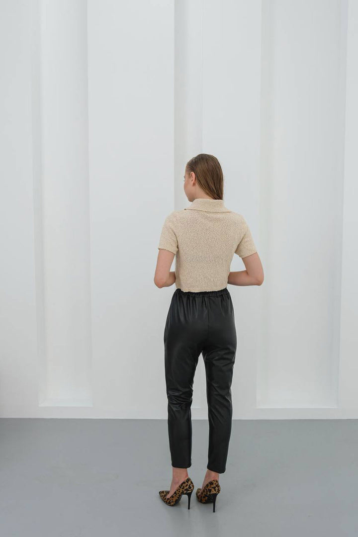 Black High Waist Elastic Faux Leather Pants BCHN-25W26637 - Skokie