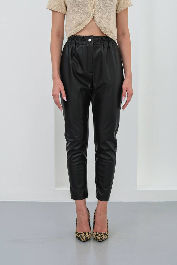 Black High Waist Elastic Faux Leather Pants BCHN-25W26637 - Skokie