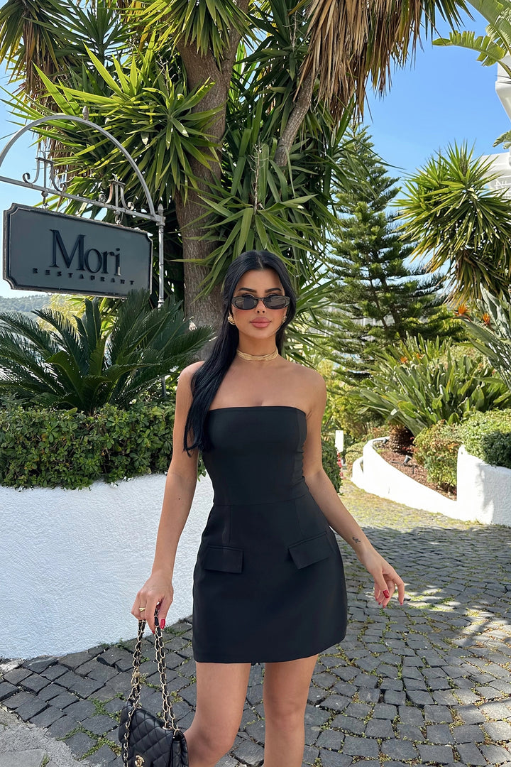 EYY Women Black Belted Strapless Mini Dress - Grenoble