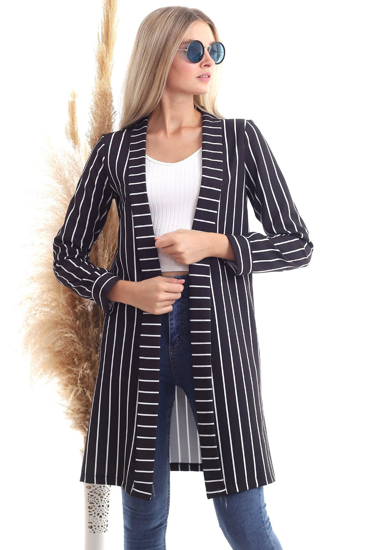 Black and White Striped Long Coat CO-2520343264 - Central Islip