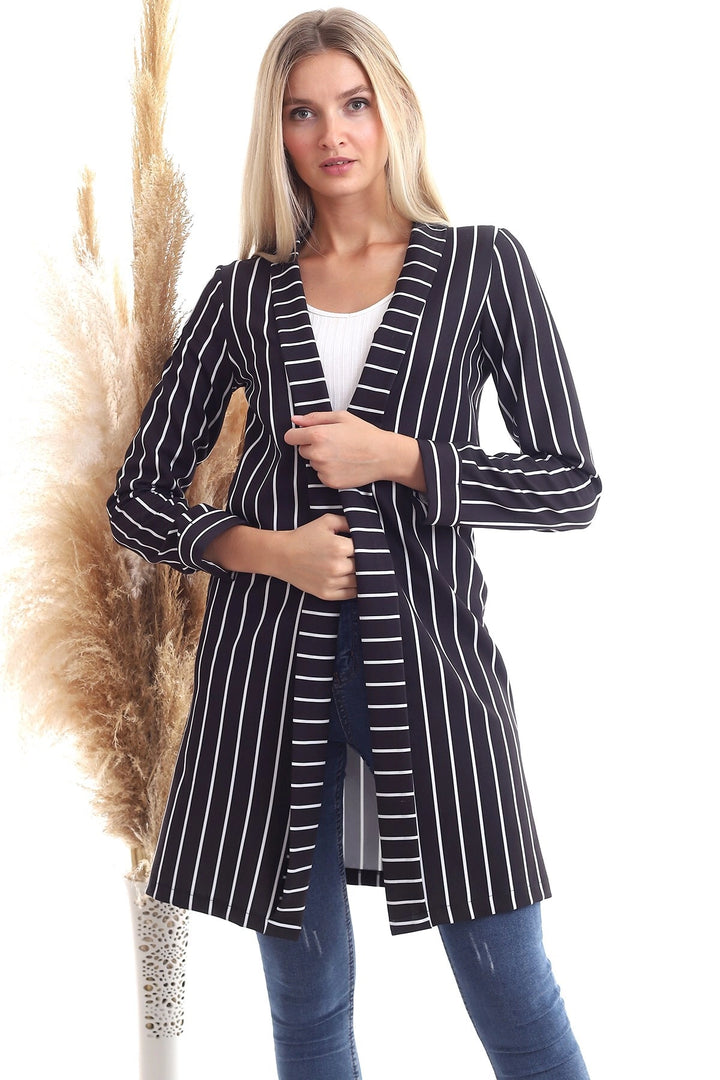 Black and White Striped Long Coat CO-2520343264 - Central Islip