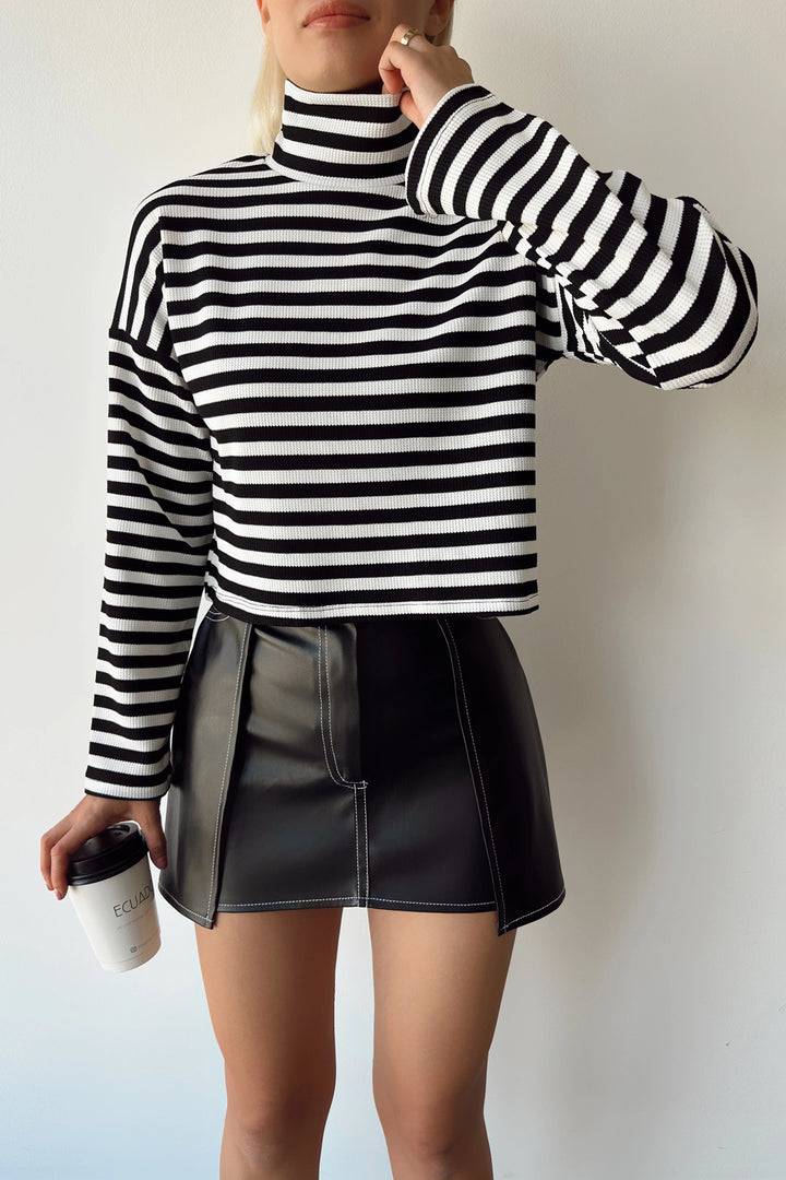 Black and White Fisherman Collar Striped Knit Blouse BCDF-231022 - Melchor Ocampo