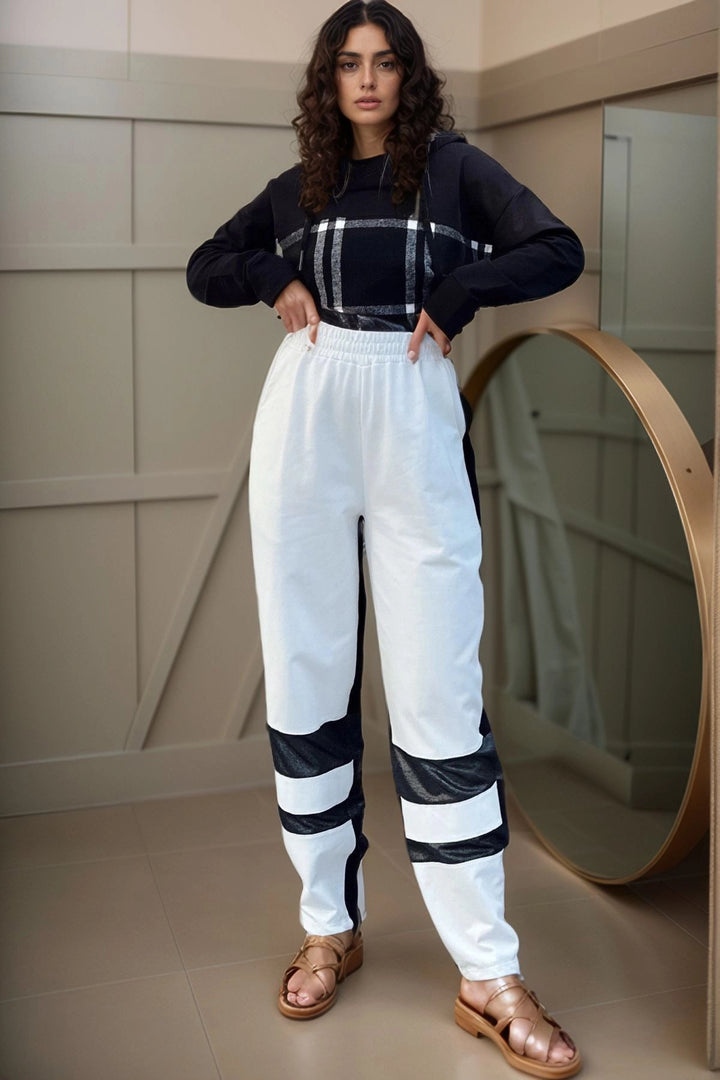 Black and White Elastic Waistband Detailed Color Block Baggy Sweatpants BCBSK-25700-3569 - Sion