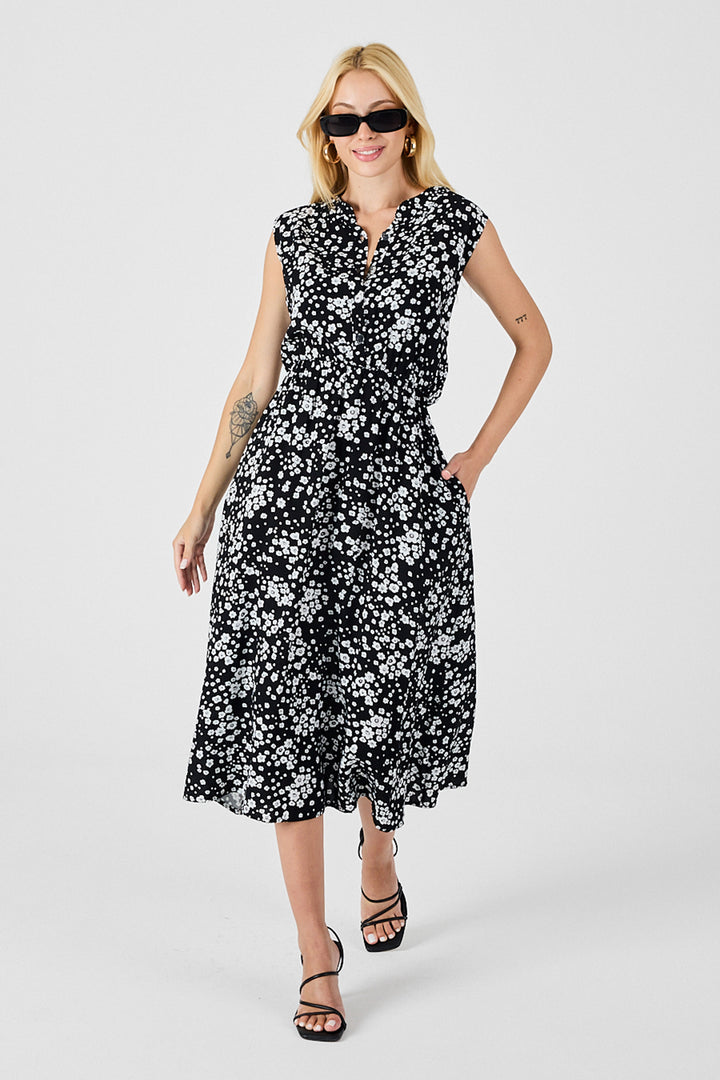 Black and White Notched Collar Buttoned Patterned Sleeveless Midi Dress BCVL-254025 - Sibiu
