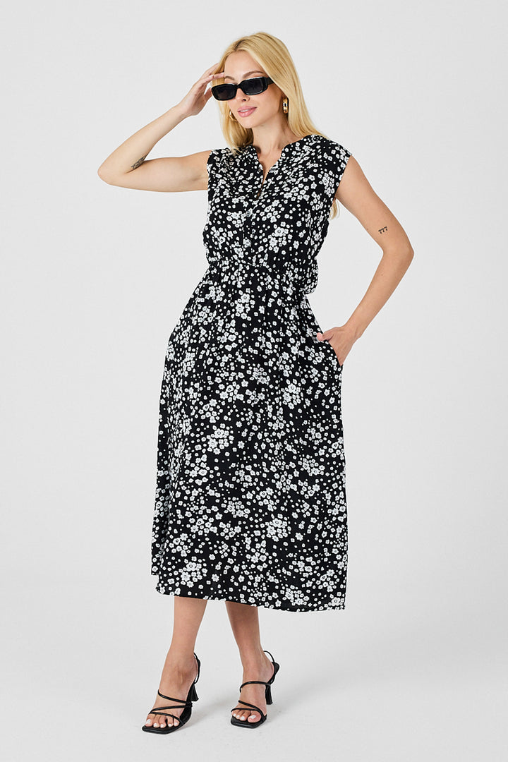 Black and White Notched Collar Buttoned Patterned Sleeveless Midi Dress BCVL-254025 - Sibiu