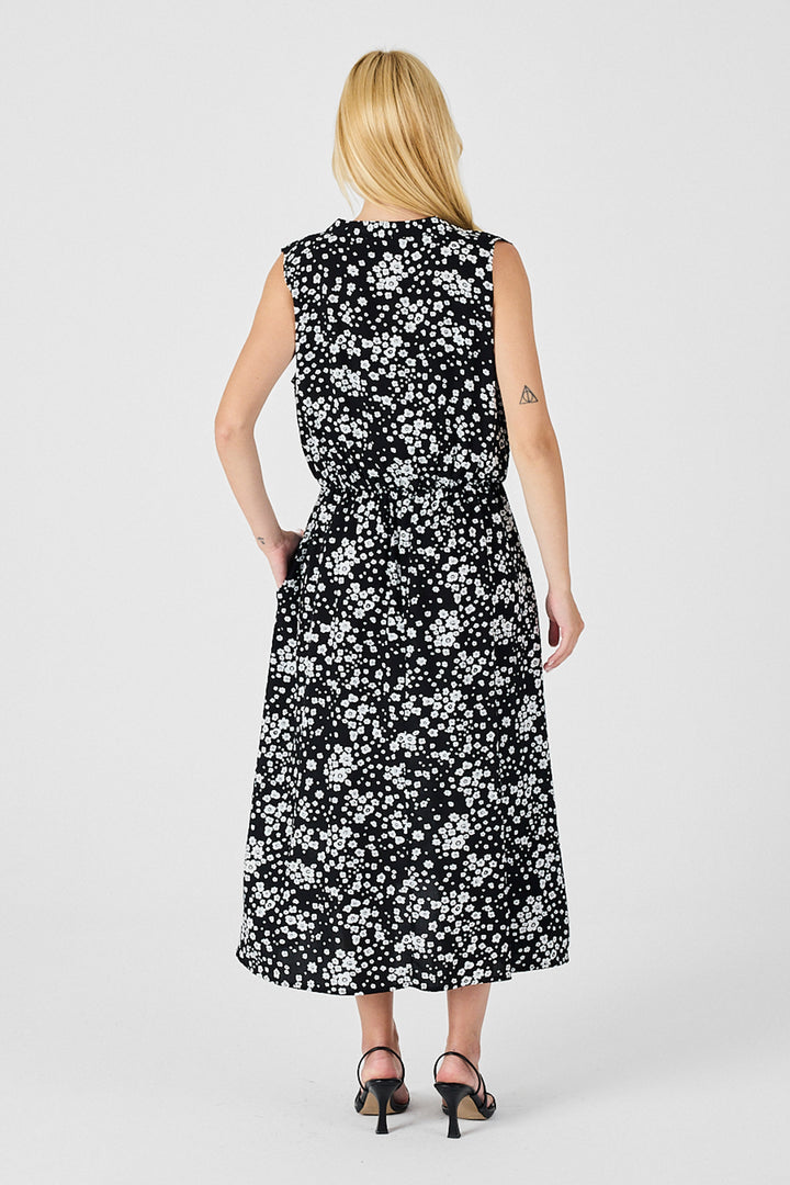 Black and White Notched Collar Buttoned Patterned Sleeveless Midi Dress BCVL-254025 - Sibiu