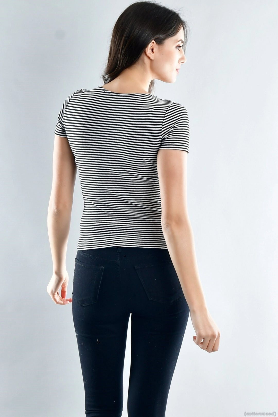 Black and White Striped Corset Front Button Short Sleeve Blouse CO-2520021533 - Drummondville
