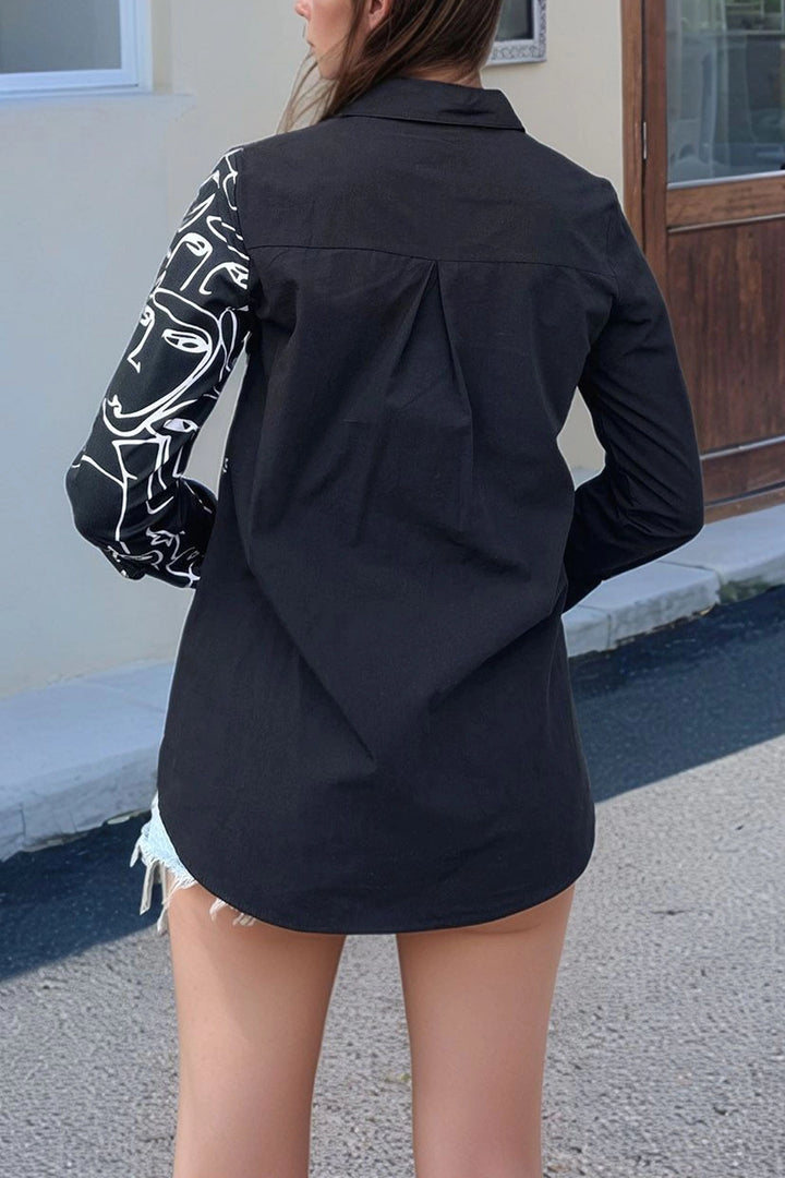 Black and White Patterned Poplin Loose Shirt with Garnish BCBSK-25700-3074 - Lynn