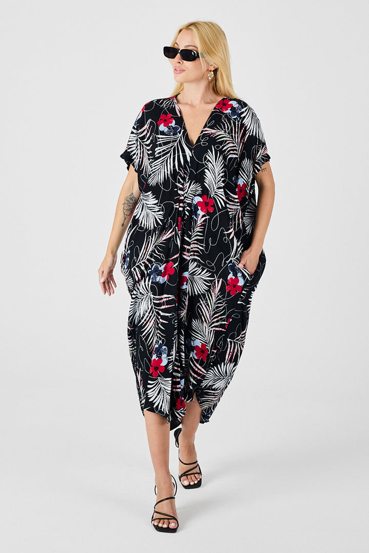 Black and White Patterned V-Neck Loose Fit Kaftan Dress BCVL-254024 - Greece