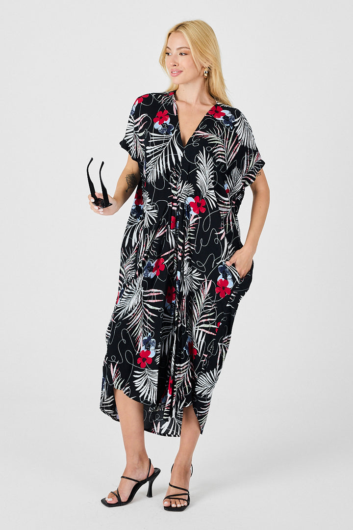 Black and White Patterned V-Neck Loose Fit Kaftan Dress BCVL-254024 - Greece