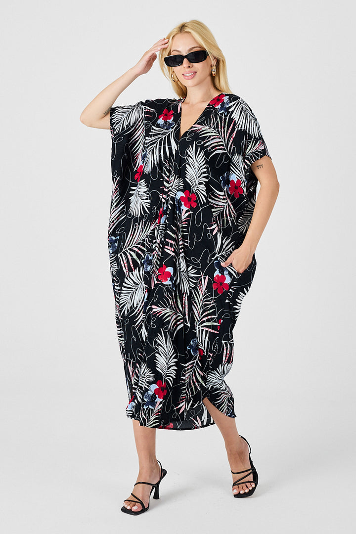 Black and White Patterned V-Neck Loose Fit Kaftan Dress BCVL-254024 - Greece