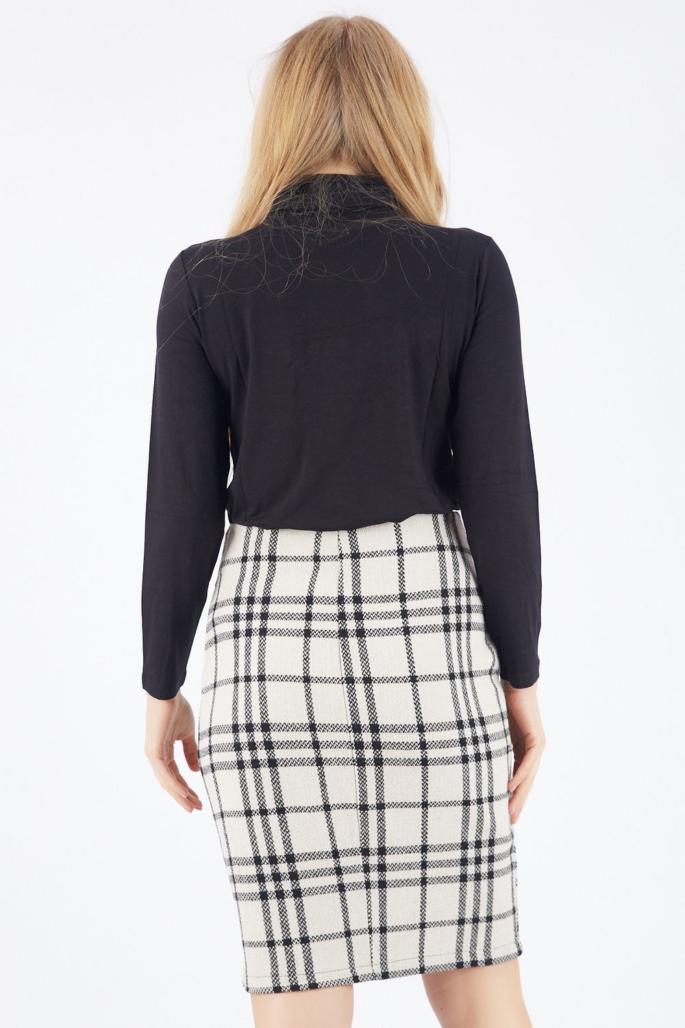 SNS Sense Black and White Plaid Pencil Skirt - Arrecife