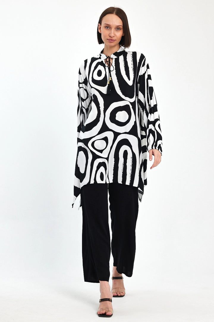 Maxi Boy Black and White Geometric Patterned Pants and Long Tunic Set BCVL-241017 - Livry-Gargan