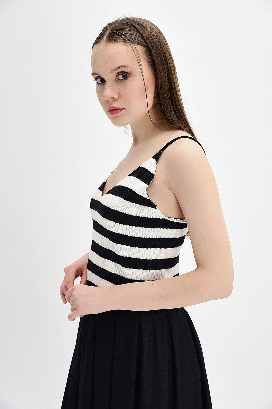 Black and White Striped Knit Top with String Straps CO-259130030 - Jackson