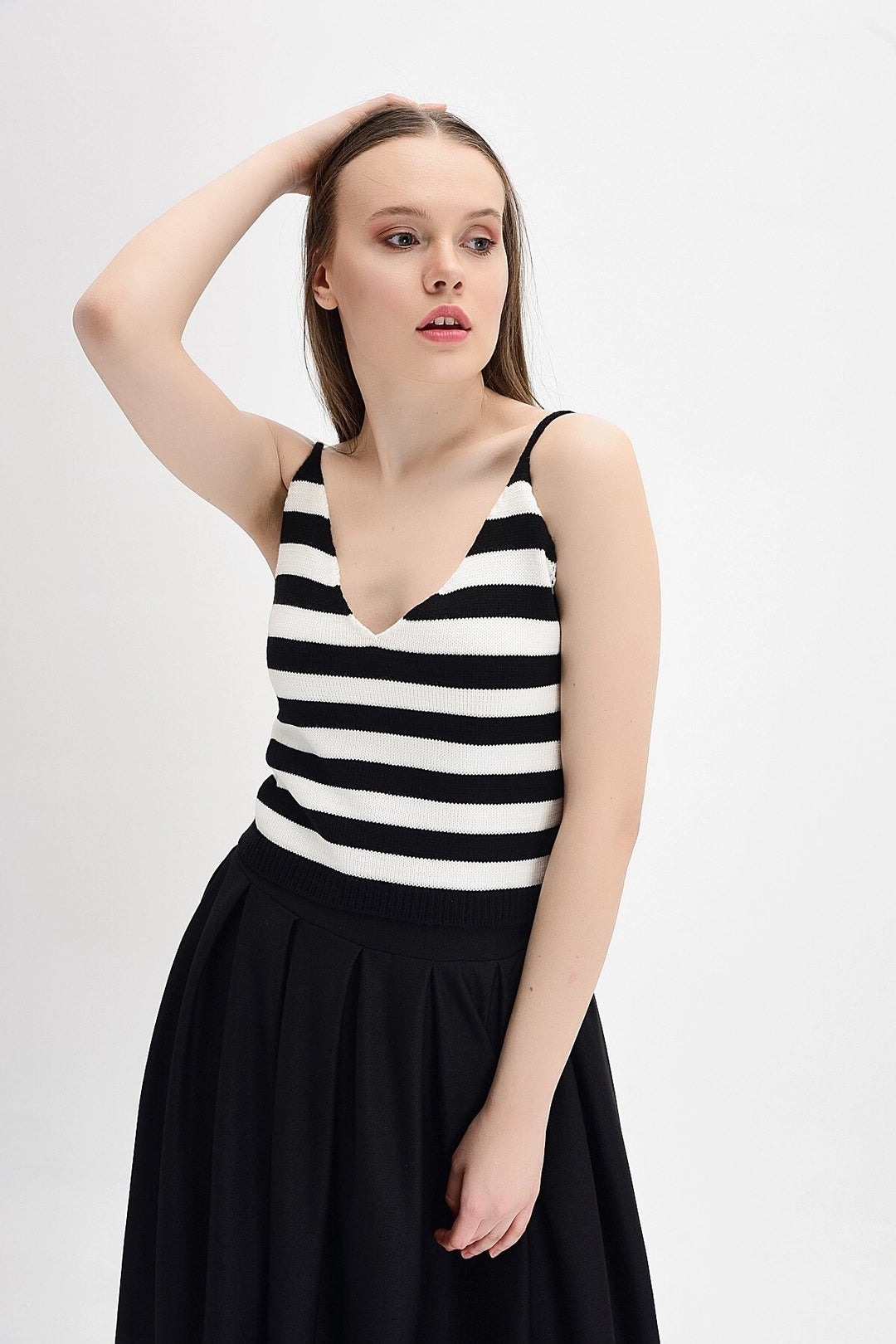 Black and White Striped Knit Top with String Straps CO-259130030 - Jackson