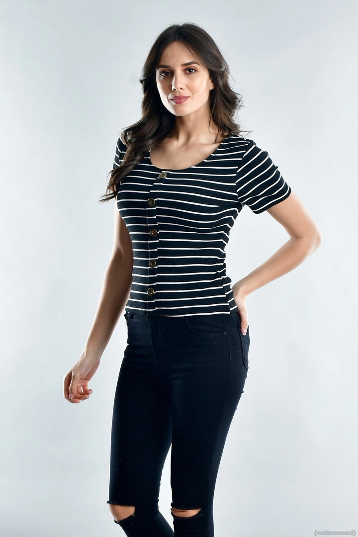 Black and White Striped Front Button Short Sleeve Blouse CO-2520021533 - North Bethesda