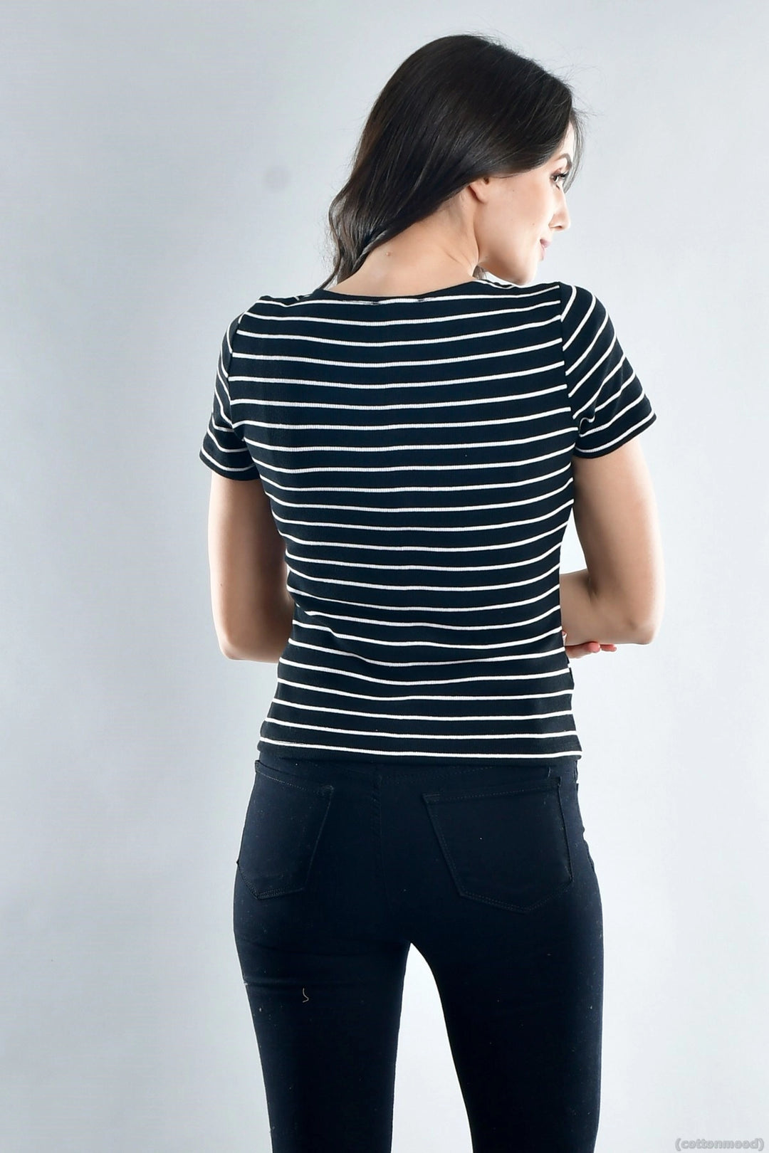 Black and White Striped Front Button Short Sleeve Blouse CO-2520021533 - North Bethesda