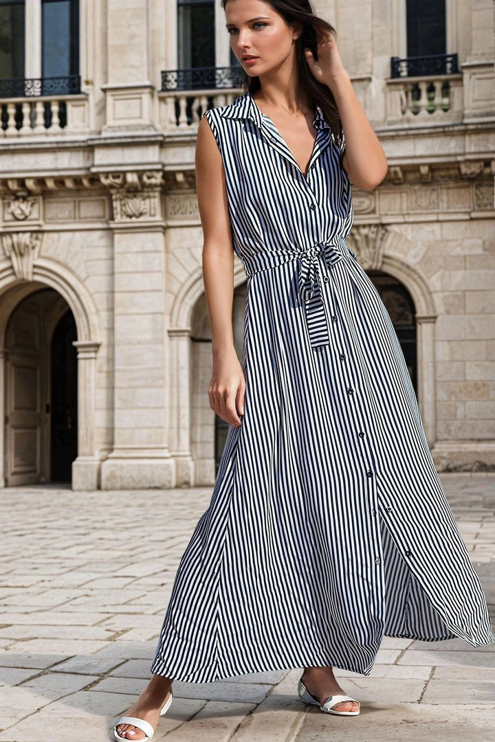 Black and White Sleeveless Long Shirt Dress with Belt BCBSK-25700-3143 - Fairborn