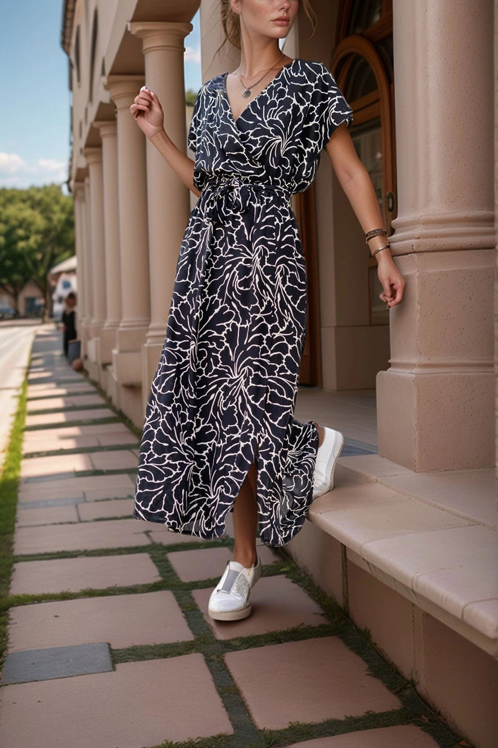 Black and White Wrap Waist Elastic Front Slit Long Dress BCBSK-25700-3412 - Beloeil