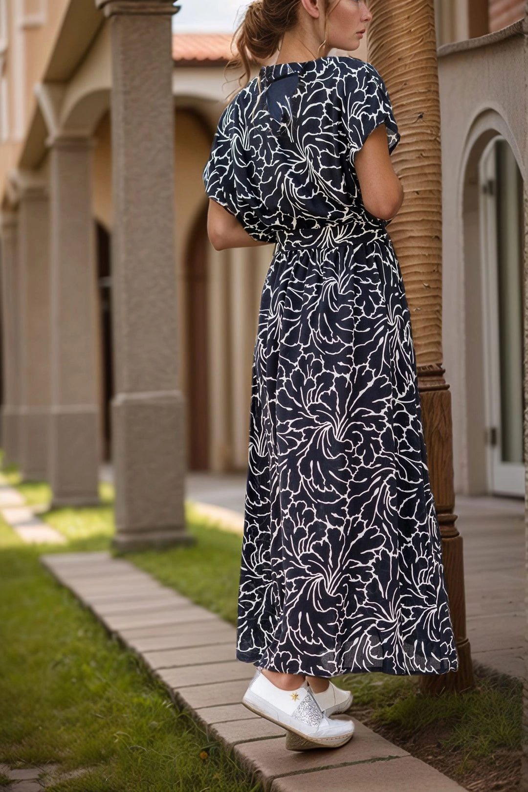 Black and White Wrap Waist Elastic Front Slit Long Dress BCBSK-25700-3412 - Beloeil