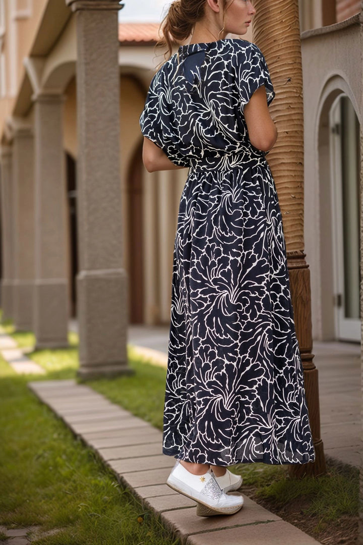Black and White Wrap Waist Elastic Front Slit Long Dress BCBSK-25700-3412 - Beloeil