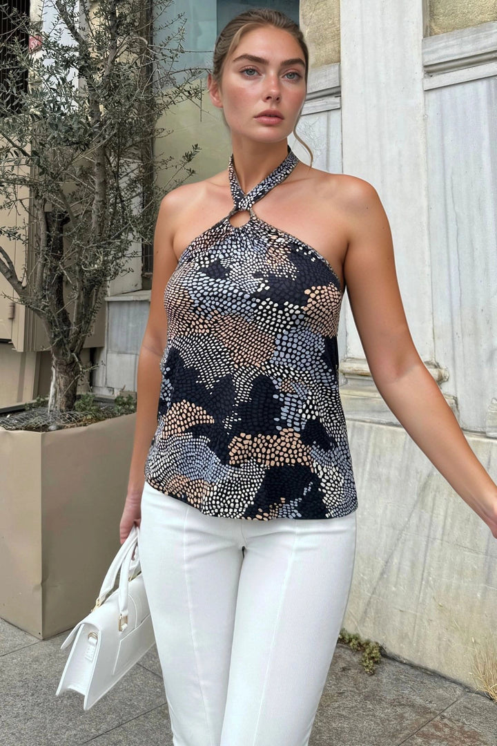 Black White Blue Tied from the Neck Open Shoulder Blouse BCBSK-25700-3630 - Bridgewater