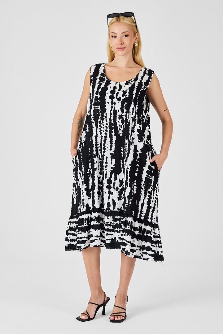 Black and White Round Neck Double Pocket Ruffled Sleeveless Midi Dress BCVL-254026 - Mankato