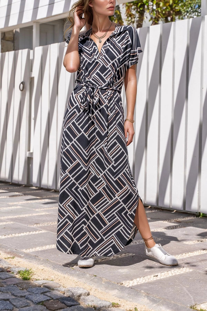 Black White Pink Polo Neck Self-Belted Soft Textured Patterned Dress BCBSK-25700-3400 - Passaic