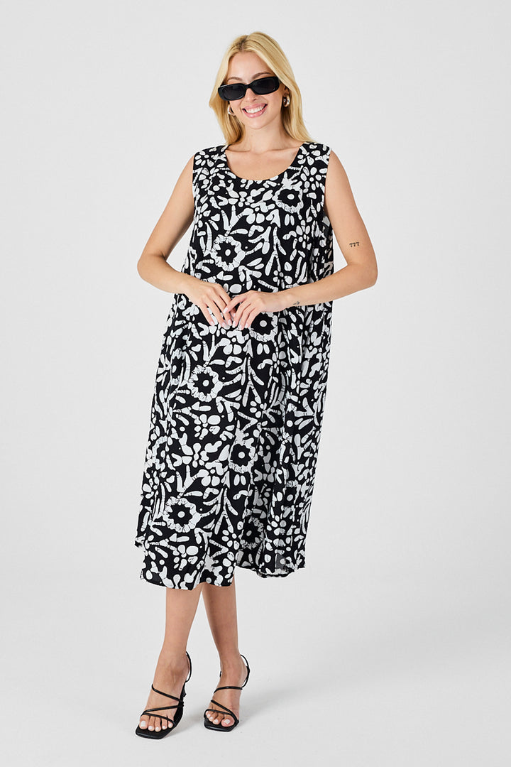Black and White U Neck Sleeveless Skirt Asymmetric Cut Patterned Midi Dress BCVL-254016 - Uxbridge