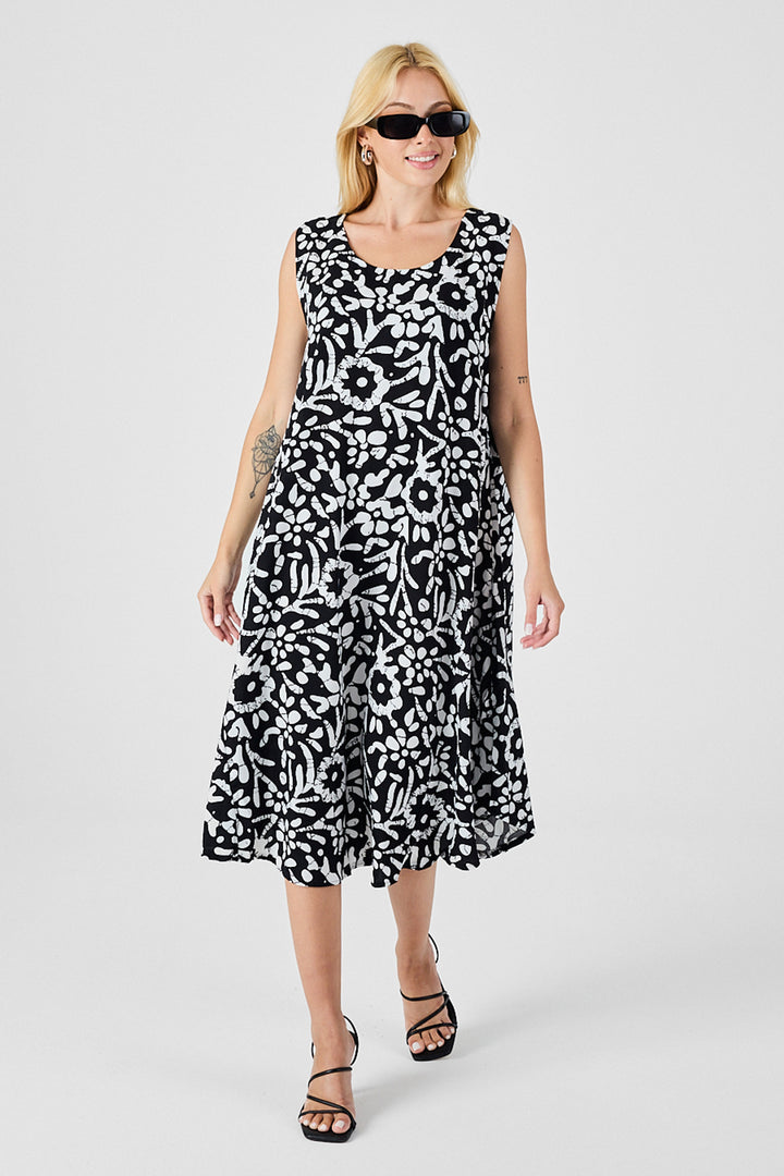 Black and White U Neck Sleeveless Skirt Asymmetric Cut Patterned Midi Dress BCVL-254016 - Uxbridge