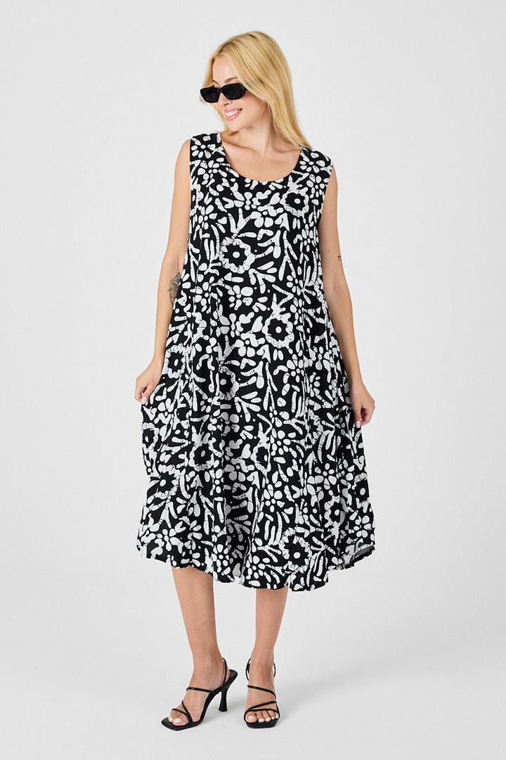 Black and White U Neck Sleeveless Skirt Asymmetric Cut Patterned Midi Dress BCVL-254016 - Uxbridge