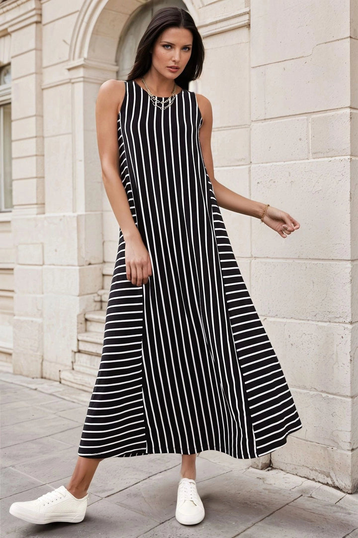 Black Bicycle Collar Sleeveless Striped Maxi Dress BCBSK-25700-K5325 - Lleida