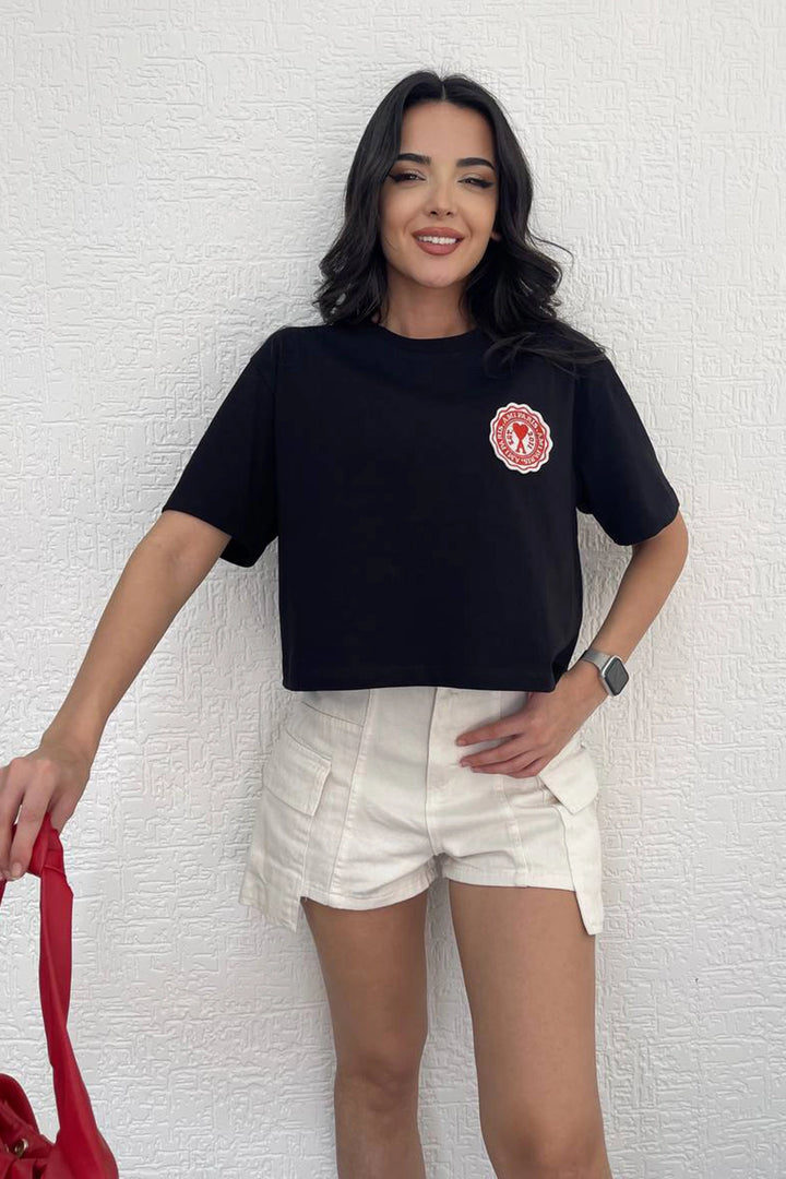 Black Bicycle Collar Emblem Crop Cotton T-Shirt BC241073 - Rieti
