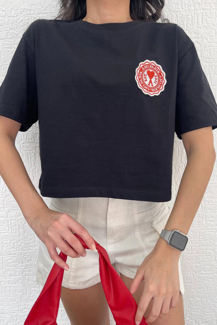 Black Bicycle Collar Emblem Crop Cotton T-Shirt BC241073 - Rieti