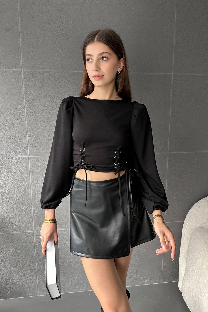 Black Bicycle Collar Balloon Sleeve Keyhole Detailed Crop Blouse BCDF-231015 - Cookeville