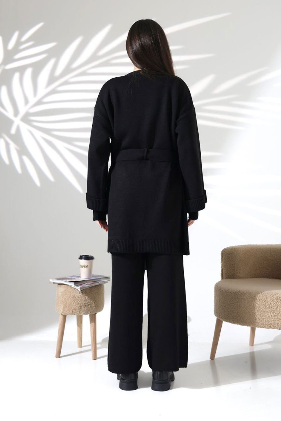 Black Bicycle Collar Blouse, Cardigan, and Pants 3 Piece Knit Set BCES-252041 - Desio