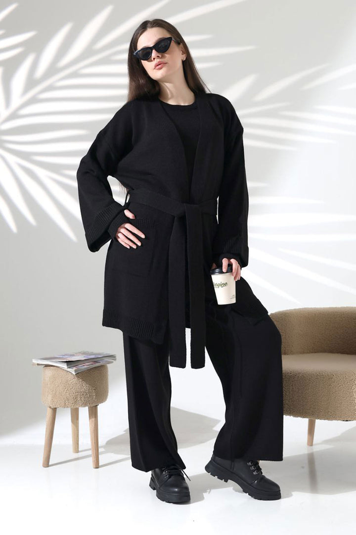 Black Bicycle Collar Blouse, Cardigan, and Pants 3 Piece Knit Set BCES-252041 - Desio
