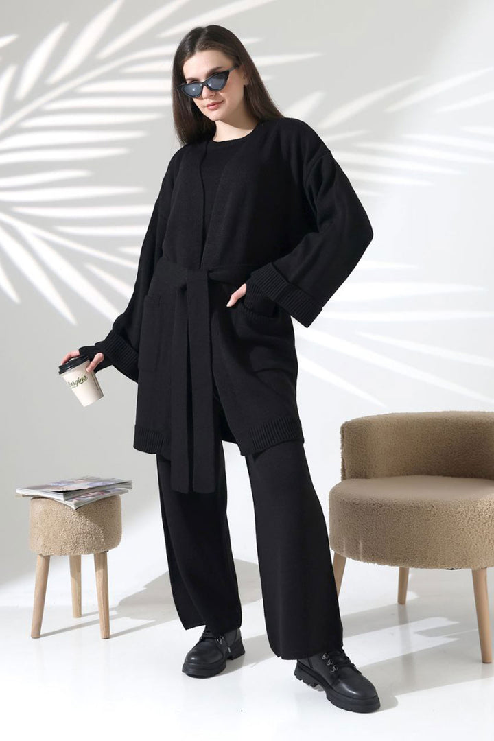 Black Bicycle Collar Blouse, Cardigan, and Pants 3 Piece Knit Set BCES-252041 - Desio