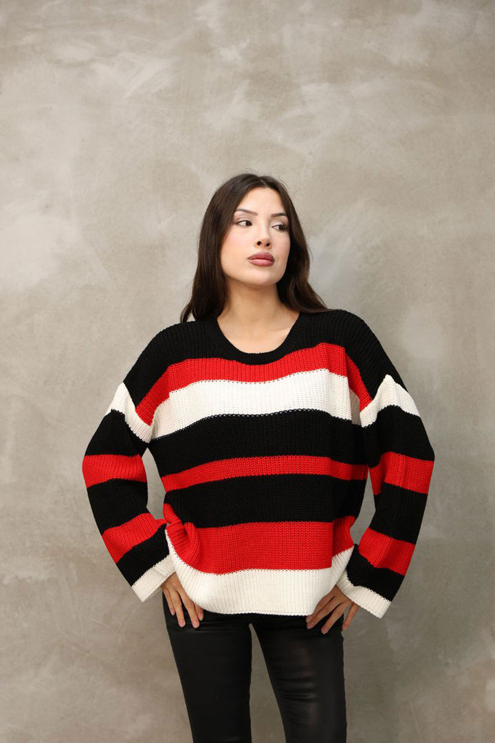 Black Bicycle Neckline Striped Patterned Sweater BCES-252006 - Hameln