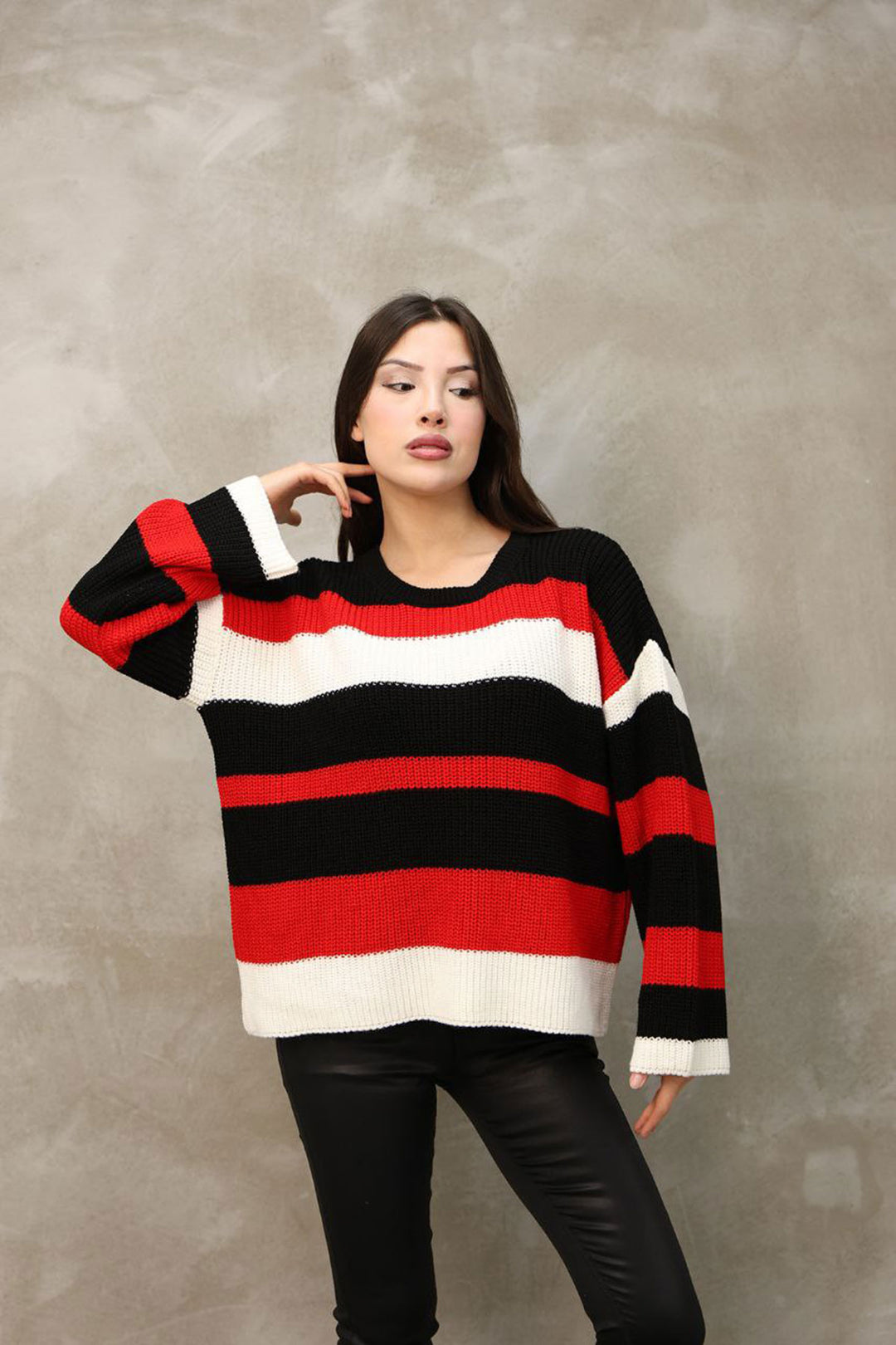 Black Bicycle Neckline Striped Patterned Sweater BCES-252006 - Hameln