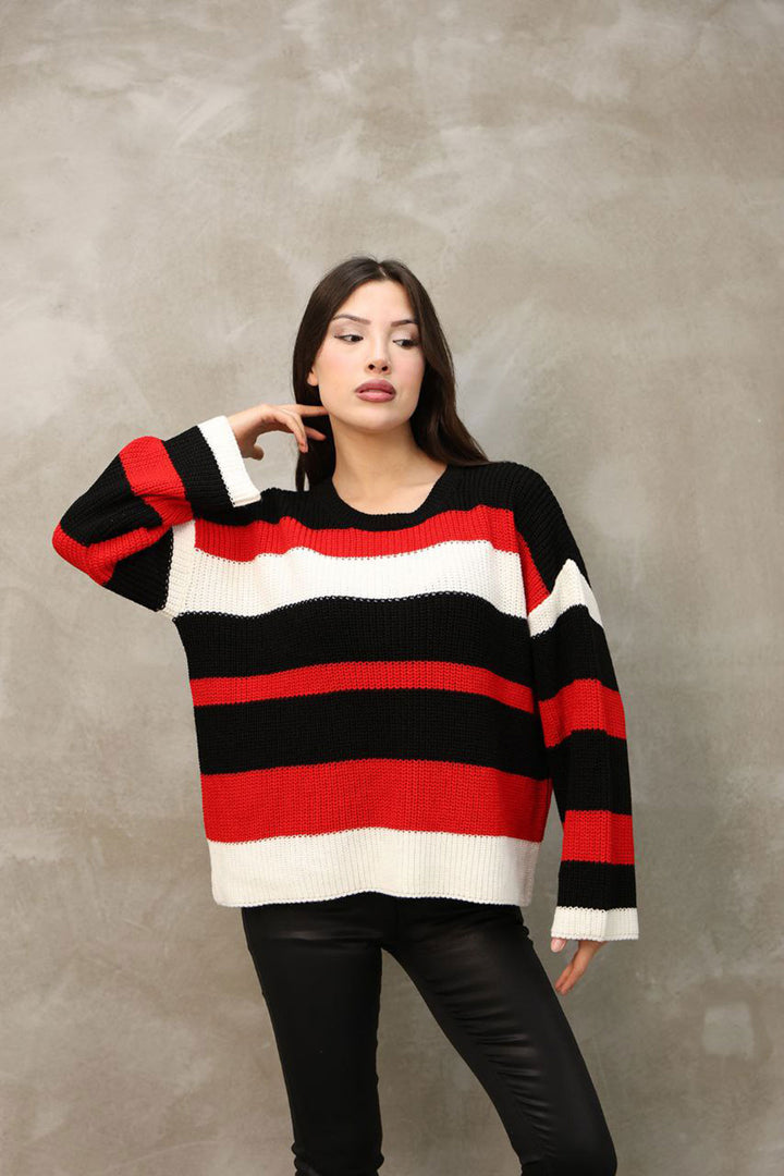 Black Bicycle Neckline Striped Patterned Sweater BCES-252006 - Hameln