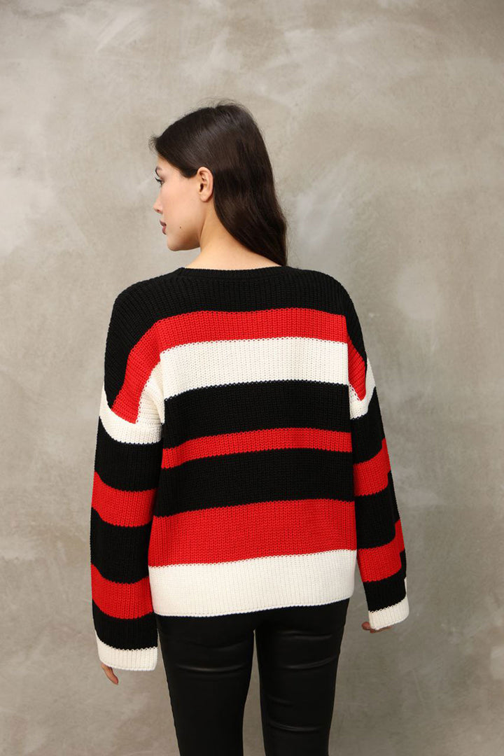 Black Bicycle Neckline Striped Patterned Sweater BCES-252006 - Hameln