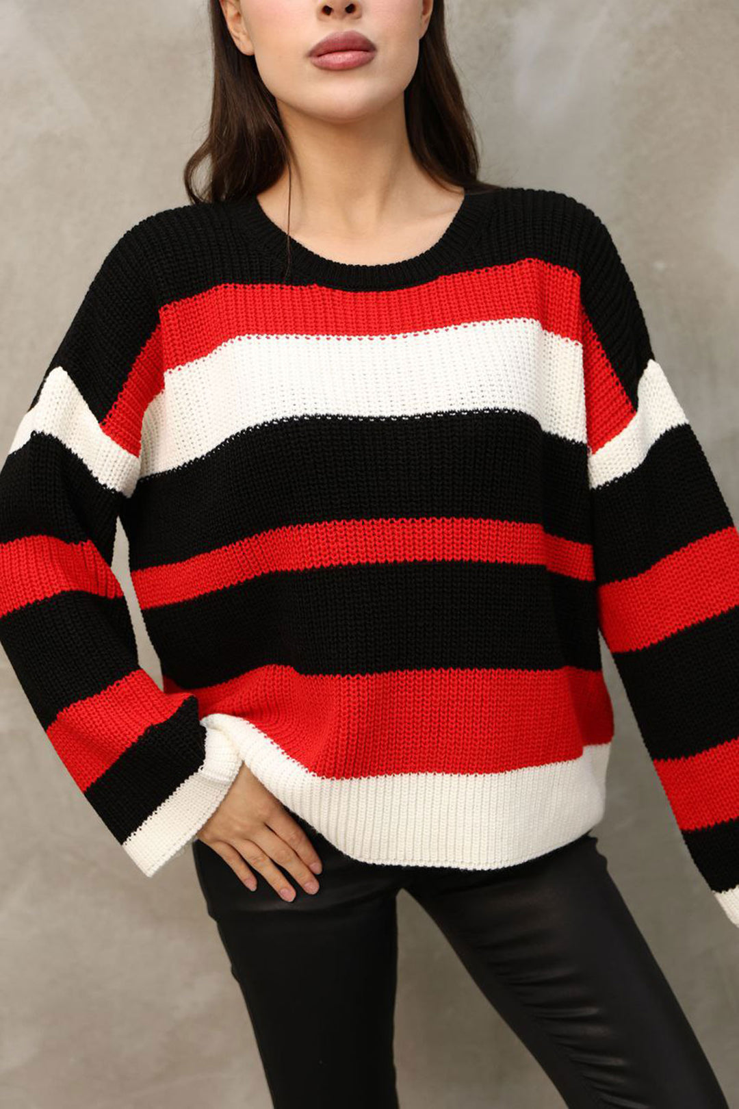 Black Bicycle Neckline Striped Patterned Sweater BCES-252006 - Hameln