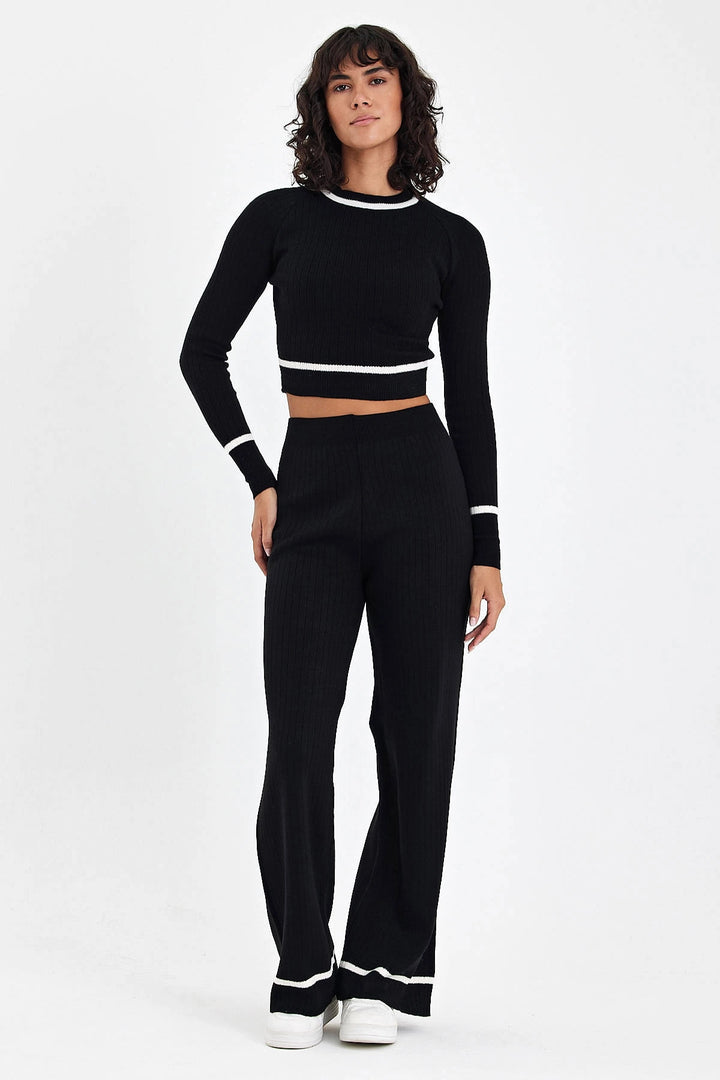 Black Bicycle Collar Striped Crop Top and Palazzo Pants Knit Top Set BCVL-T243141 - Borken