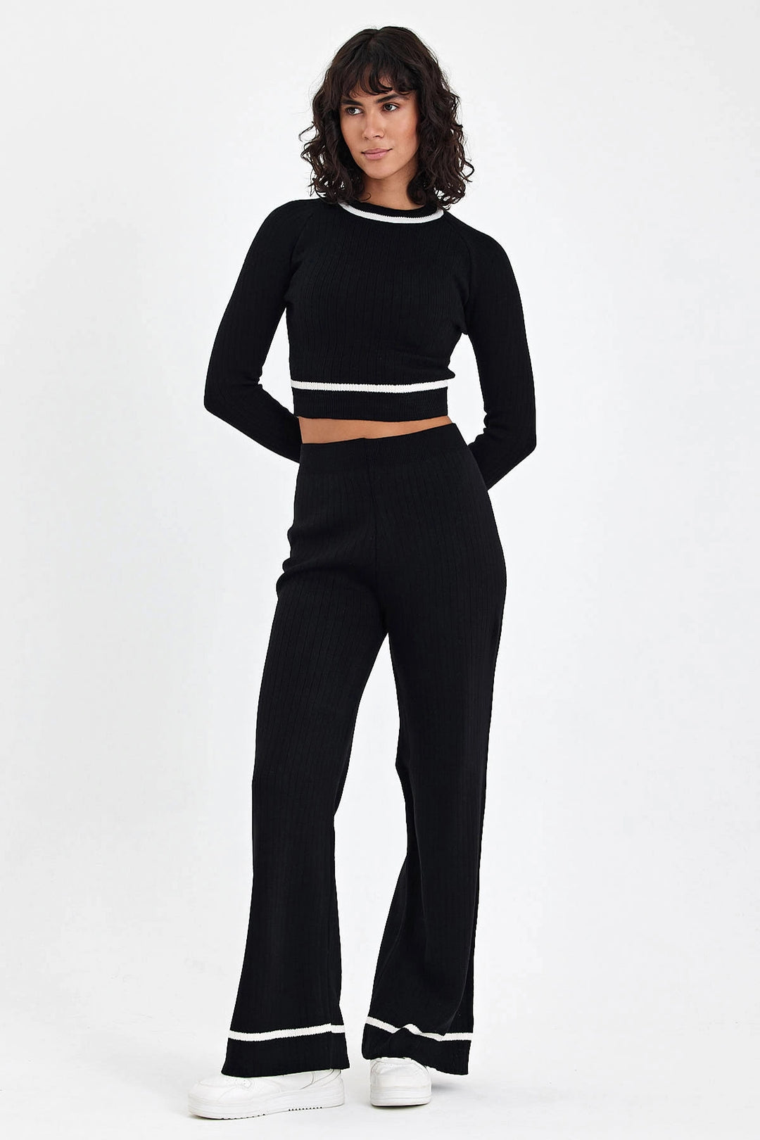Black Bicycle Collar Striped Crop Top and Palazzo Pants Knit Top Set BCVL-T243141 - Borken